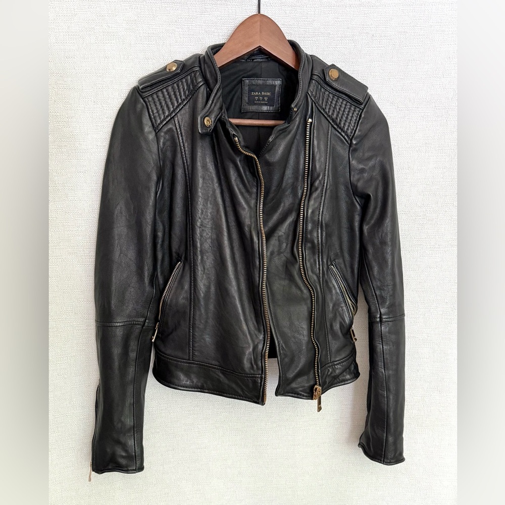 Zara Basic Leather Moto Black Jacket